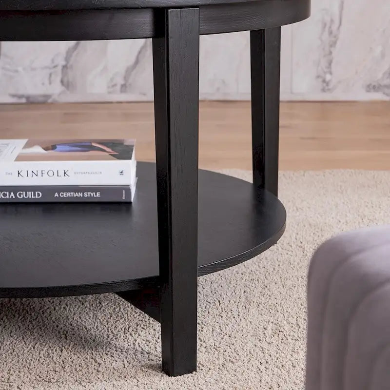 Table basse ronde en verre avec étagère inférieure et cadre en bois massif – 36 po Noir