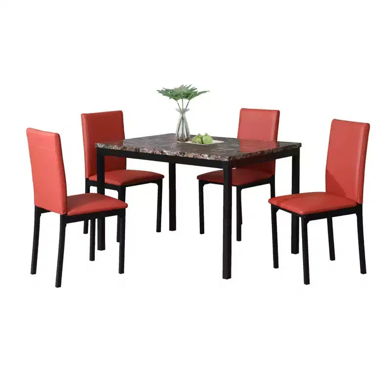Citico 5-Piece Metal Dinette Set with Laminated Faux Marble Top, Red