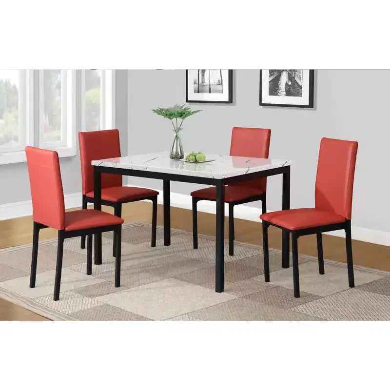 Roundhill Furniture Citico 5-Piece Dinette Set with Laminated Off-white Faux Marble Top, 4 Red Chairs