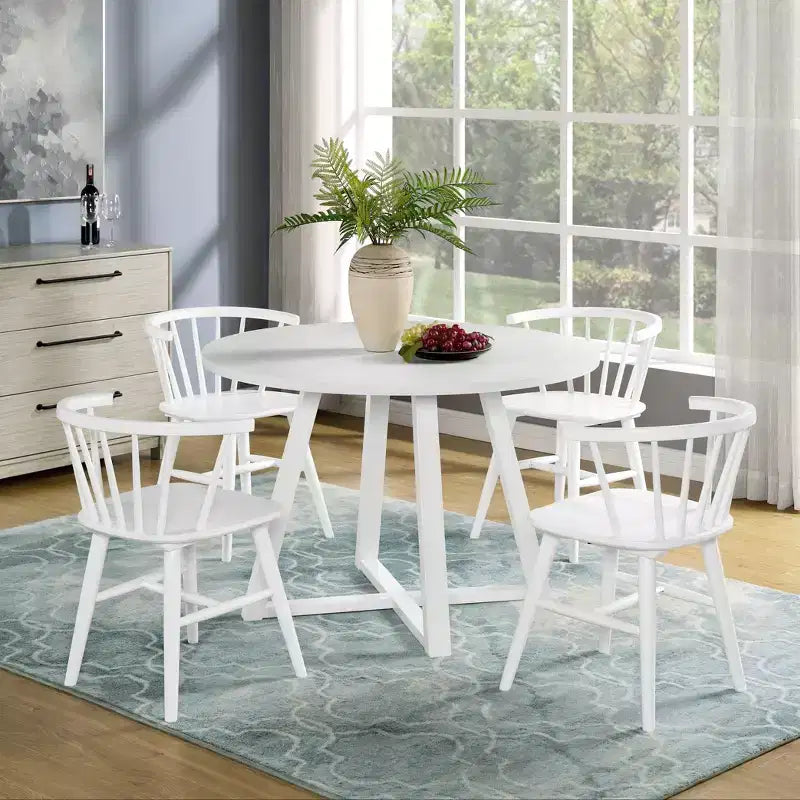 Roundhill Furniture Edo Wood 5-Piece Dining Set, Trestle Dining Table with 4 Windsor Chairs, White