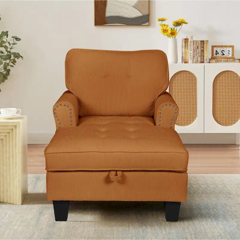 Banquette de rangement et méridienne 2-en-1 en velours côtelé avec garniture cloutée — Capacité de 136 kg
