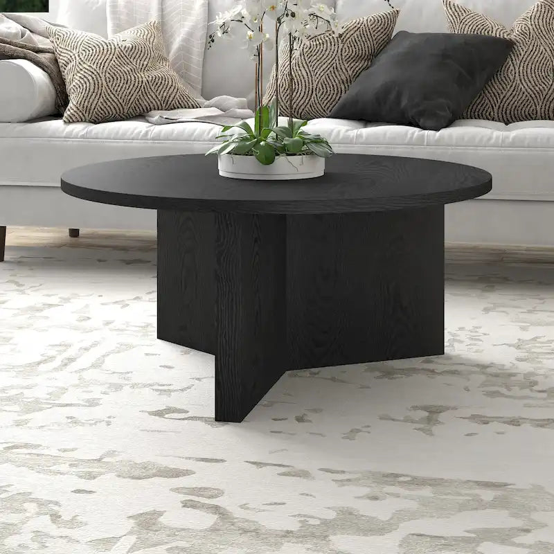 Table basse ronde scandinave avec piètement en X — 91 cm | 3 finitions effet bois