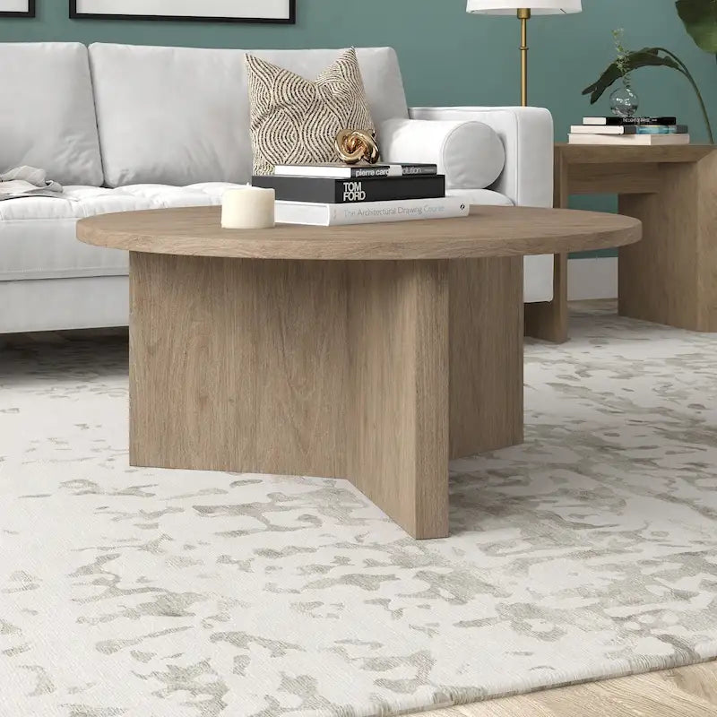 Table basse ronde scandinave avec piètement en X — 91 cm | 3 finitions effet bois