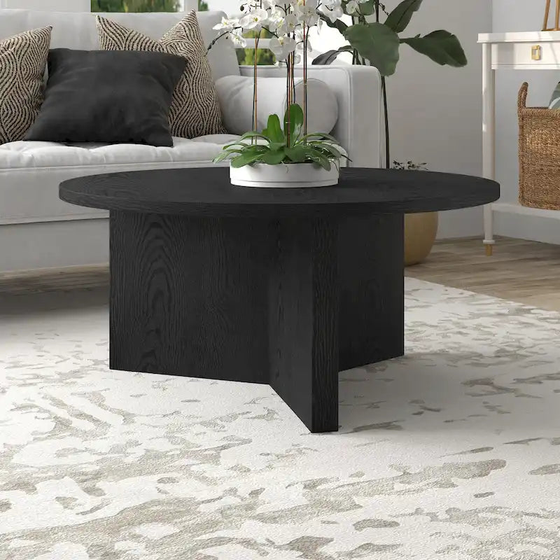 Table basse ronde scandinave avec piètement en X — 91 cm | 3 finitions effet bois