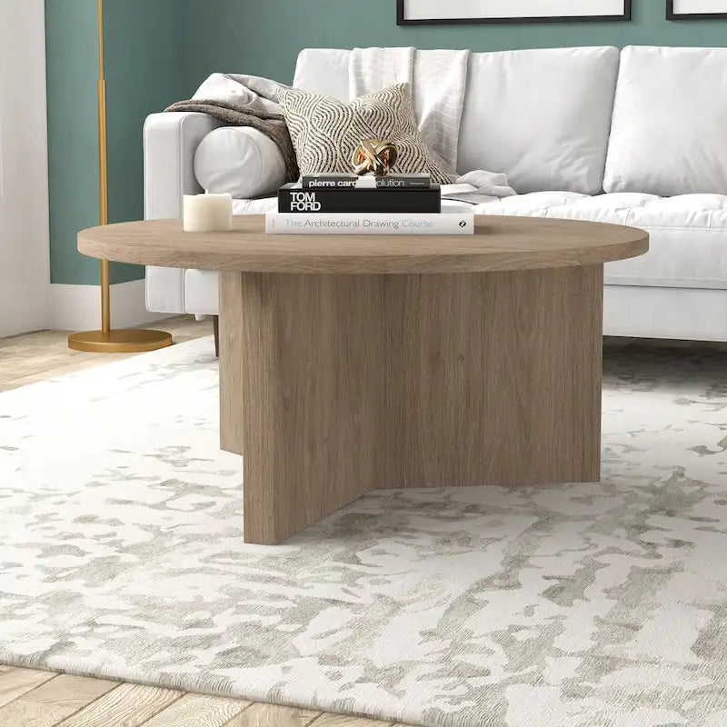 Table basse ronde scandinave avec piètement en X — 91 cm | 3 finitions effet bois