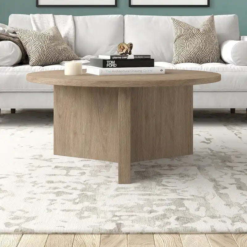 Table basse ronde scandinave avec piètement en X — 91 cm | 3 finitions effet bois
