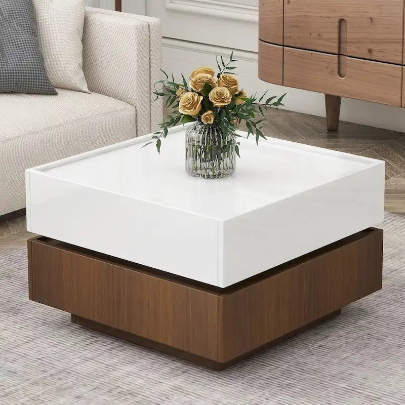 Table basse rotative à 360° à 2 niveaux avec 2 tiroirs et plateau brillant