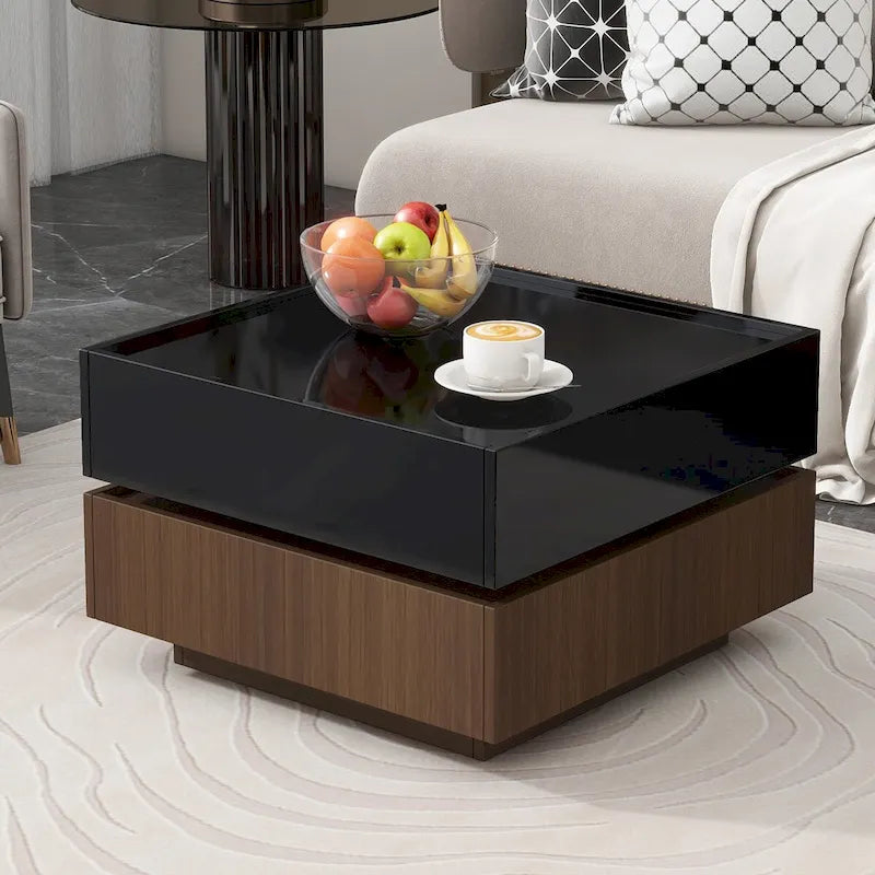 Table basse rotative à 360° à 2 niveaux avec 2 tiroirs et plateau brillant