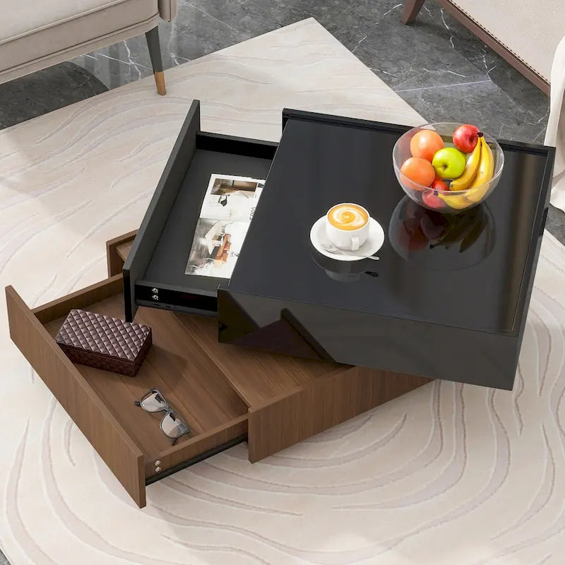 Table basse rotative à 360° à 2 niveaux avec 2 tiroirs et plateau brillant