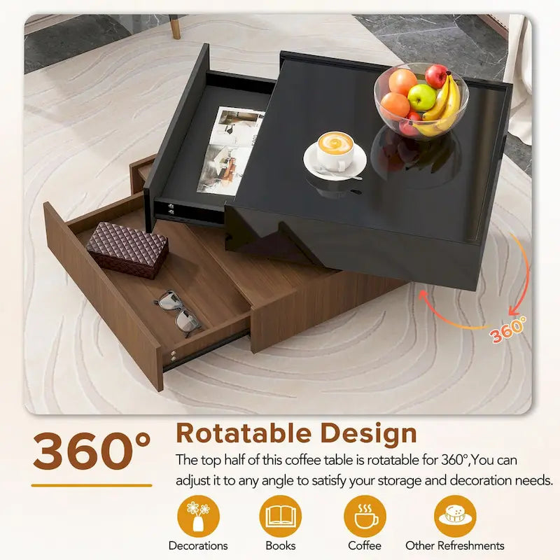 Table basse rotative à 360° à 2 niveaux avec 2 tiroirs et plateau brillant