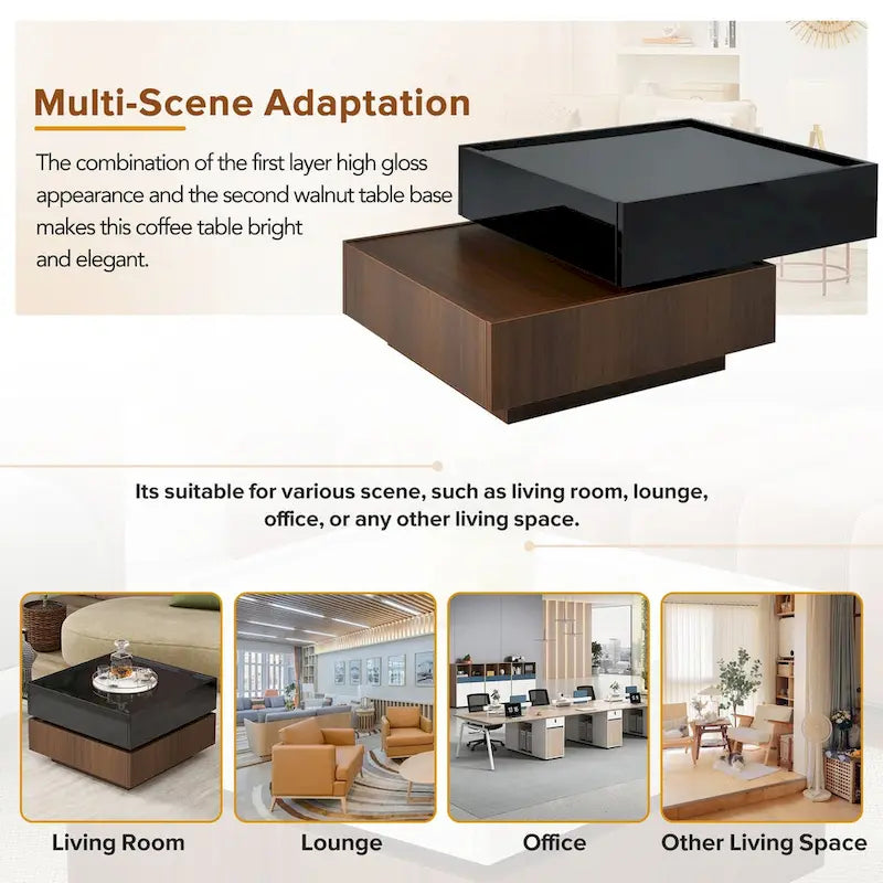 Table basse rotative à 360° à 2 niveaux avec 2 tiroirs et plateau brillant