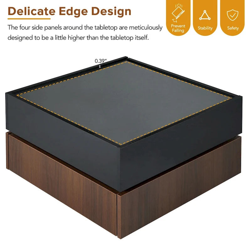 Table basse rotative à 360° à 2 niveaux avec 2 tiroirs et plateau brillant