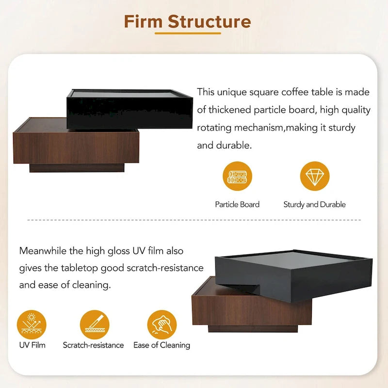 Table basse rotative à 360° à 2 niveaux avec 2 tiroirs et plateau brillant