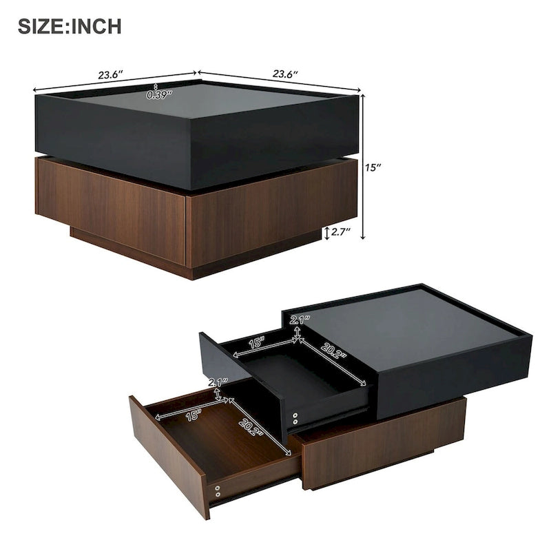 Table basse rotative à 360° à 2 niveaux avec 2 tiroirs et plateau brillant