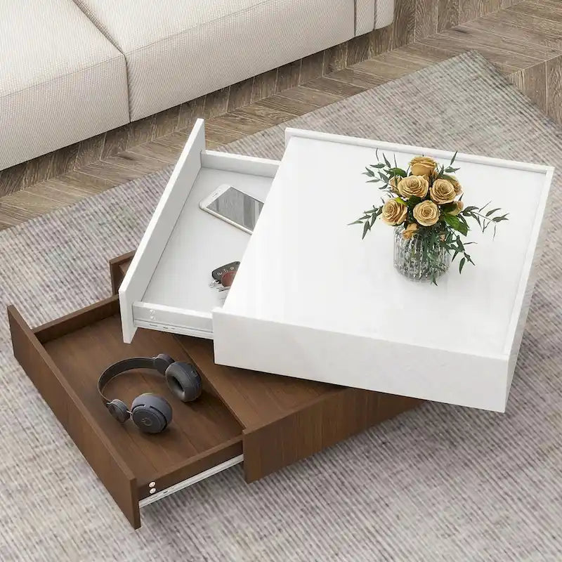 Table basse rotative à 360° à 2 niveaux avec 2 tiroirs et plateau brillant