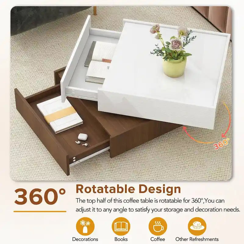 Table basse rotative à 360° à 2 niveaux avec 2 tiroirs et plateau brillant