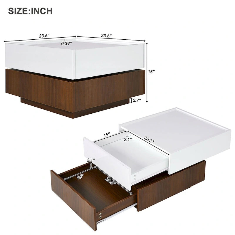 Table basse rotative à 360° à 2 niveaux avec 2 tiroirs et plateau brillant