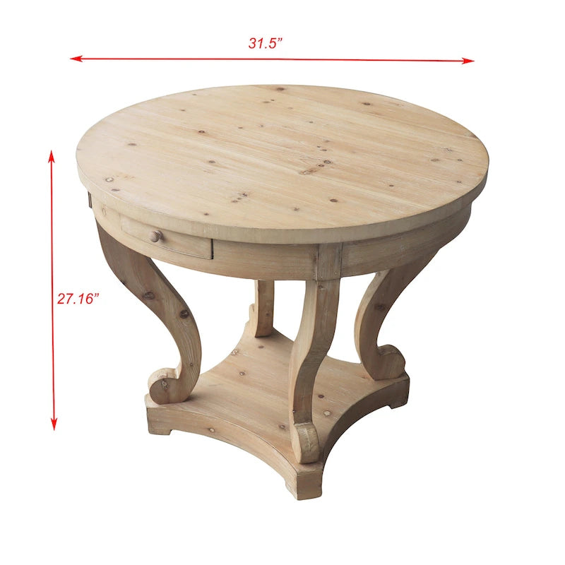 Table à manger ronde de ferme avec tiroirs et pieds en volutes, 81 cm