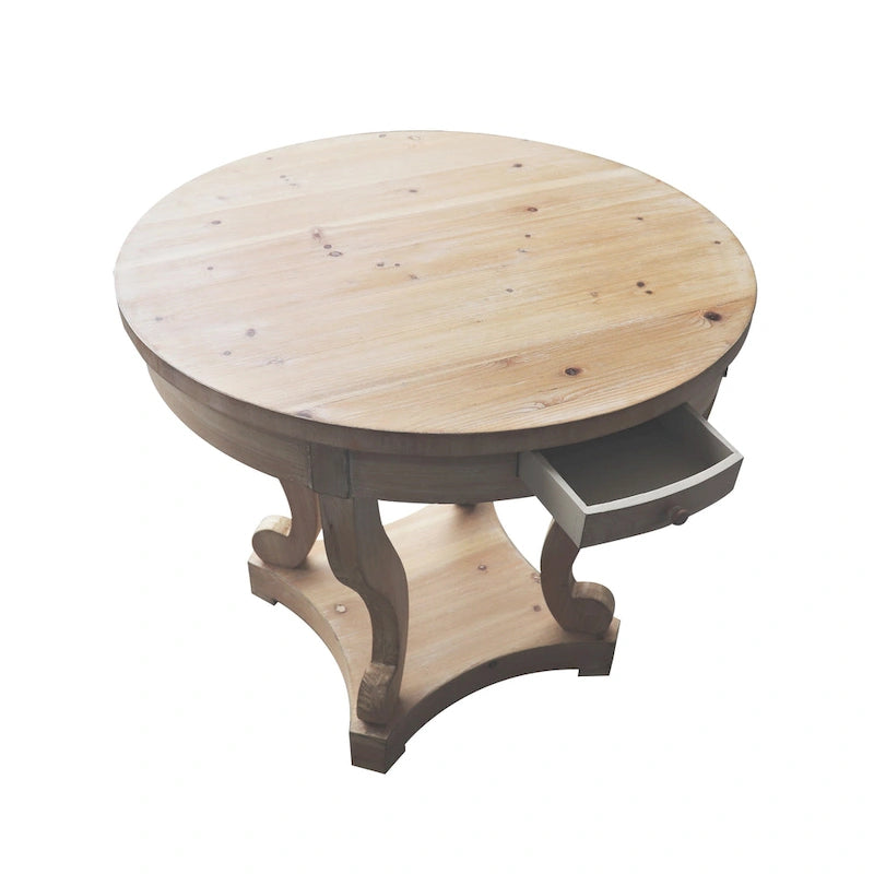 Table à manger ronde de ferme avec tiroirs et pieds en volutes, 81 cm