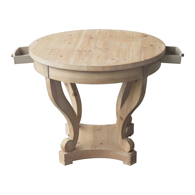 Table à manger ronde de ferme avec tiroirs et pieds en volutes, 81 cm