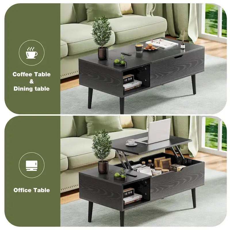 Table basse relevable avec compartiment de rangement caché et étagère latérale