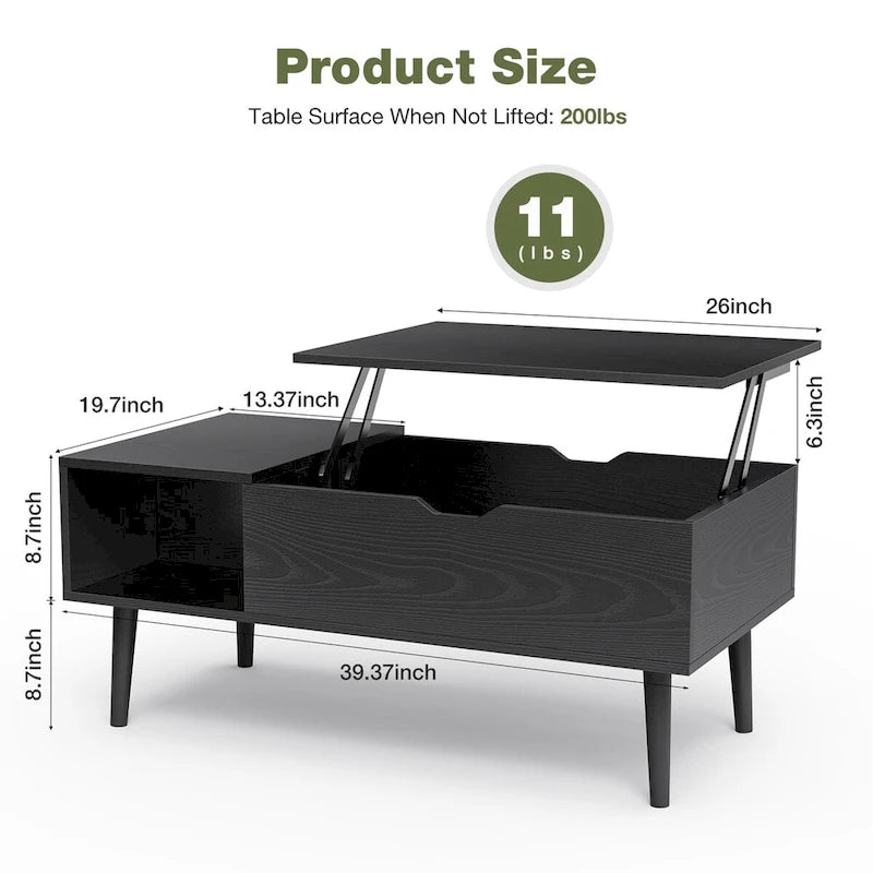 Table basse relevable avec compartiment de rangement caché et étagère latérale