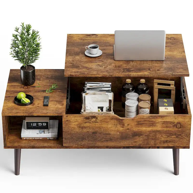 Table basse relevable avec compartiment de rangement caché et étagère latérale
