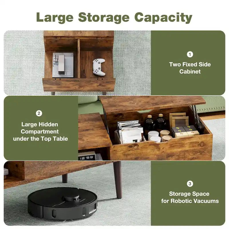 Table basse relevable avec compartiment de rangement caché et étagère latérale