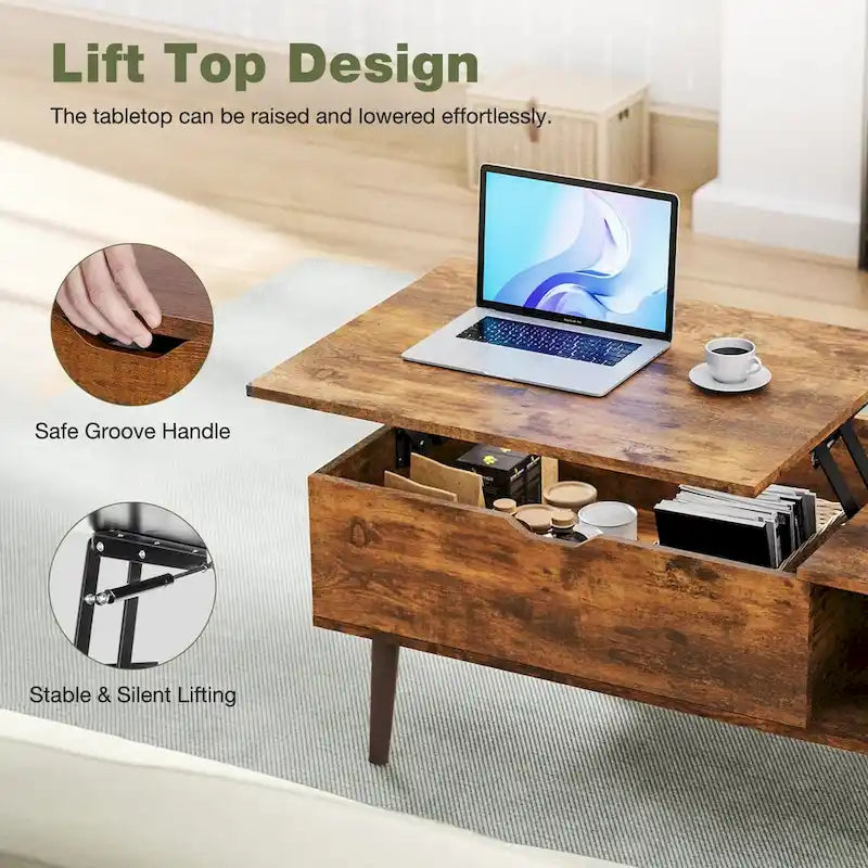 Table basse relevable avec compartiment de rangement caché et étagère latérale