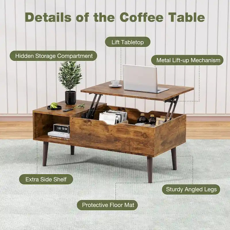 Table basse relevable avec compartiment de rangement caché et étagère latérale
