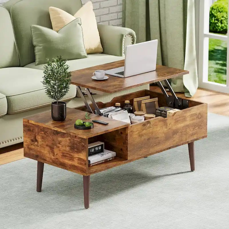 Table basse relevable avec compartiment de rangement caché et étagère latérale