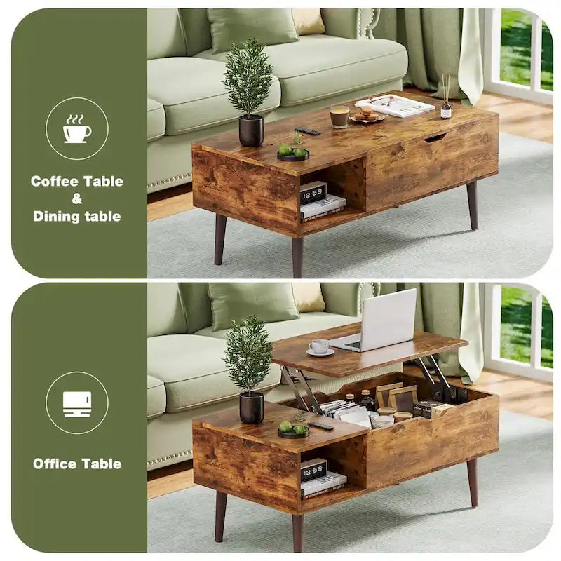 Table basse relevable avec compartiment de rangement caché et étagère latérale