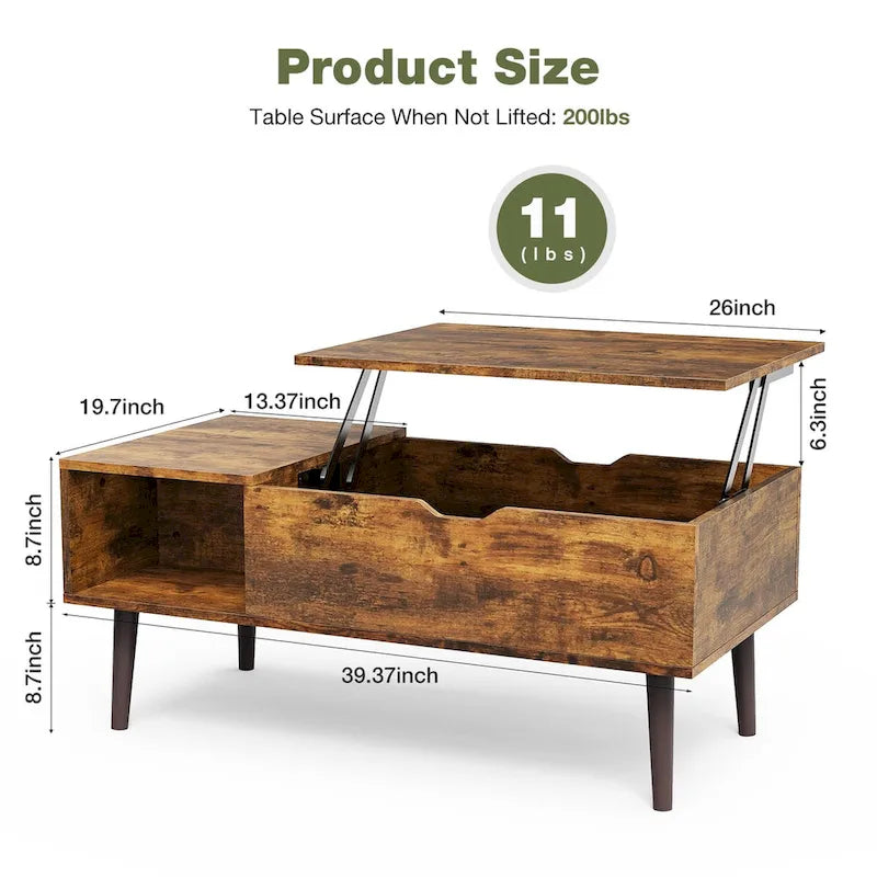Table basse relevable avec compartiment de rangement caché et étagère latérale