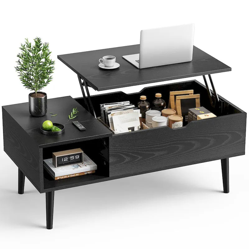 Table basse relevable avec compartiment de rangement caché et étagère latérale