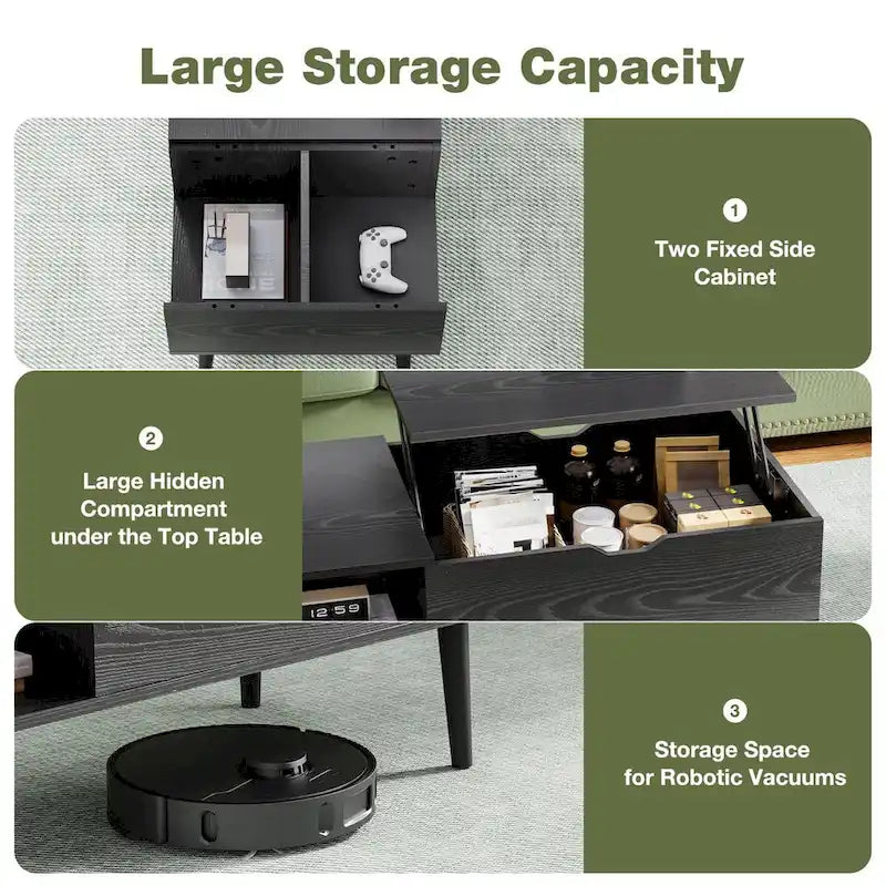 Table basse relevable avec compartiment de rangement caché et étagère latérale