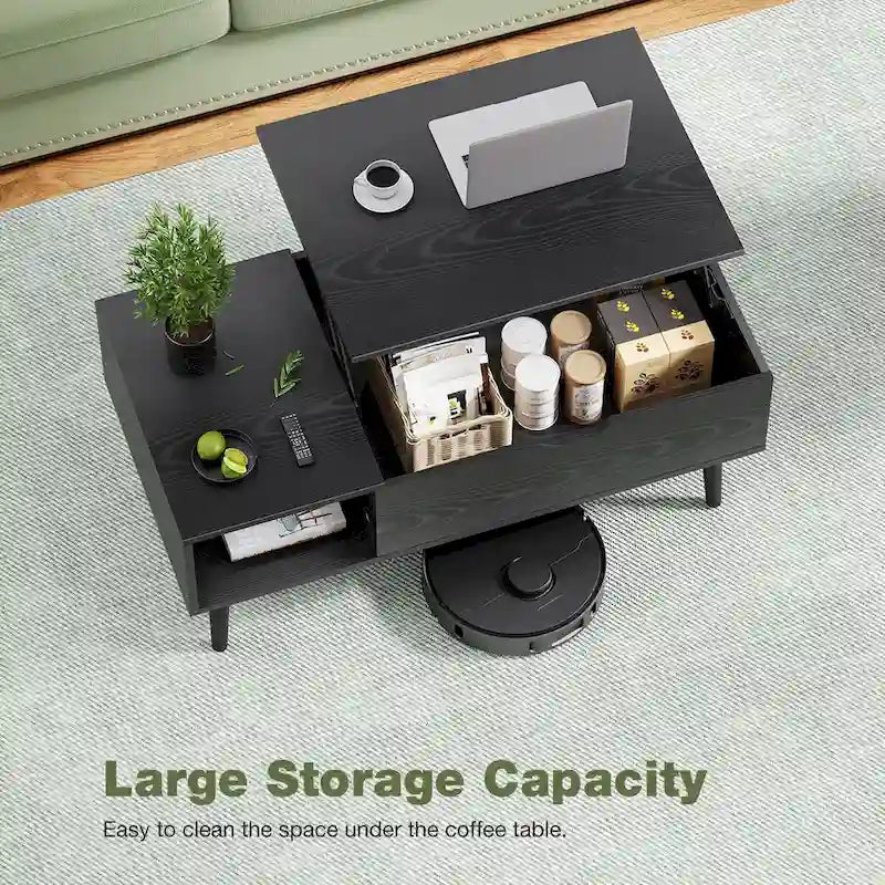 Table basse relevable avec compartiment de rangement caché et étagère latérale
