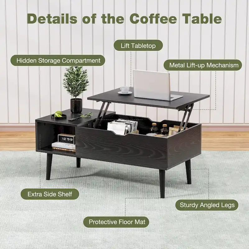 Table basse relevable avec compartiment de rangement caché et étagère latérale