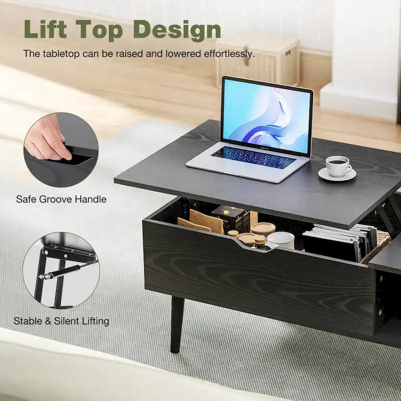 Table basse relevable avec compartiment de rangement caché et étagère latérale