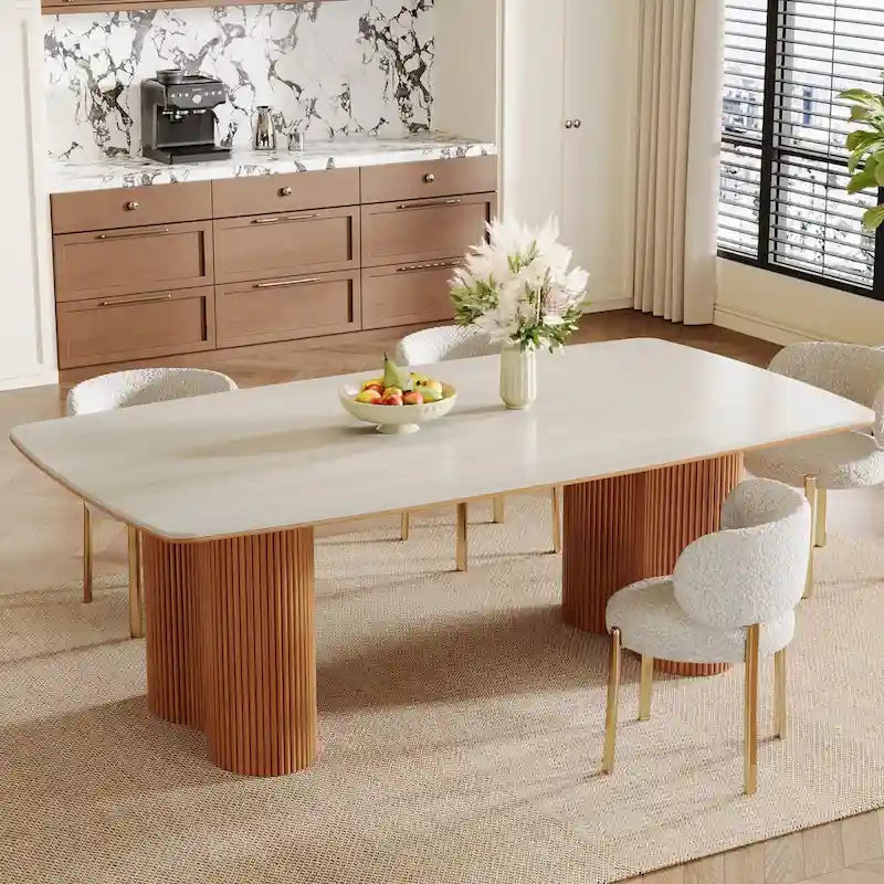 Table de salle à manger pour 8 à 10 personnes en pierre frittée et bois massif | 200 cm résistante aux rayures et à la chaleur