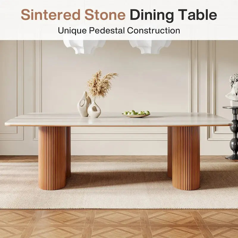 Table de salle à manger pour 8 à 10 personnes en pierre frittée et bois massif | 200 cm résistante aux rayures et à la chaleur