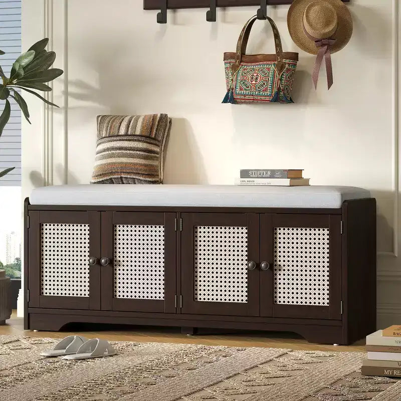Whisen Rustic Wood Storage Bench, Entryway Shoe Bench with Removable Cushion, Adjustable Shelves