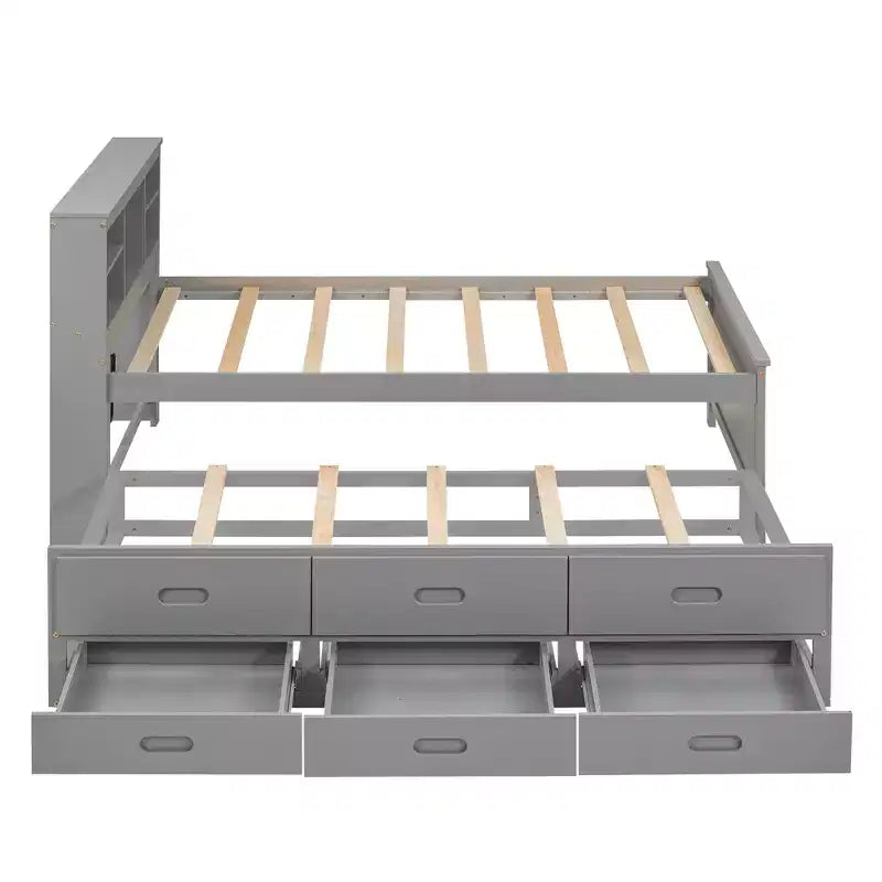 Platform Bed with Trundle and Drawers, Storage Platform Bed with USB, Wood Platform Bed with Bookcase
