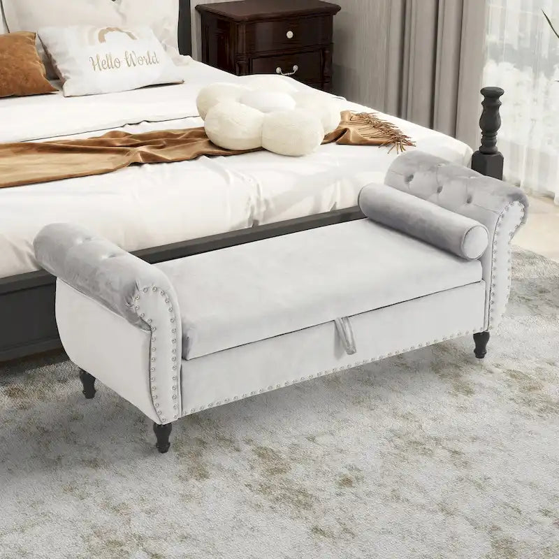 Banc Pouf de Rangement en Velours avec Clous Décoratifs et Rangement Dissimulé — 130 cm | 4 Couleurs