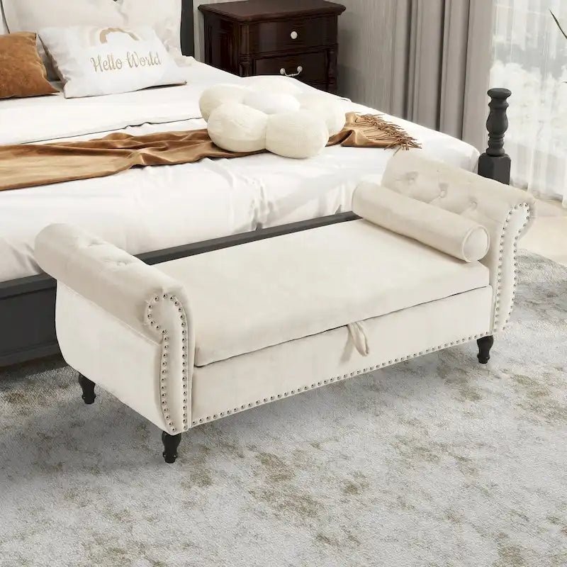 Banc Pouf de Rangement en Velours avec Clous Décoratifs et Rangement Dissimulé — 130 cm | 4 Couleurs