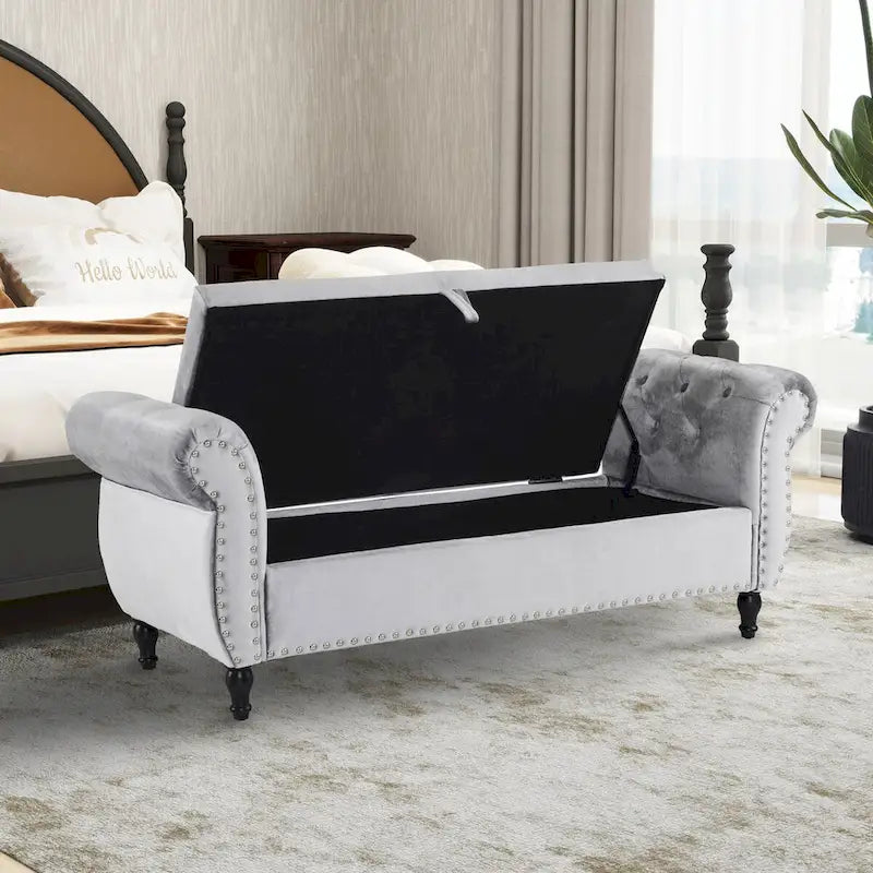 Banc Pouf de Rangement en Velours avec Clous Décoratifs et Rangement Dissimulé — 130 cm | 4 Couleurs