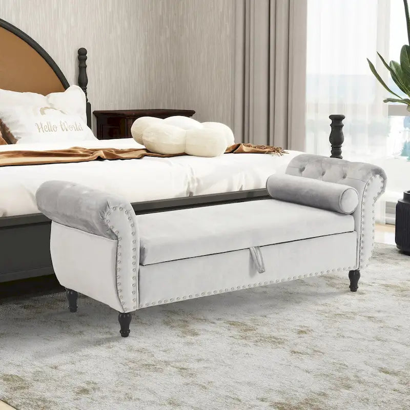 Banc Pouf de Rangement en Velours avec Clous Décoratifs et Rangement Dissimulé — 130 cm | 4 Couleurs