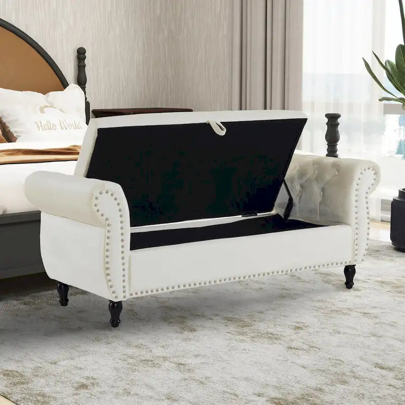 Banc Pouf de Rangement en Velours avec Clous Décoratifs et Rangement Dissimulé — 130 cm | 4 Couleurs