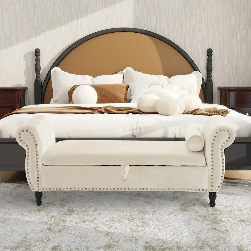 Banc Pouf de Rangement en Velours avec Clous Décoratifs et Rangement Dissimulé — 130 cm | 4 Couleurs