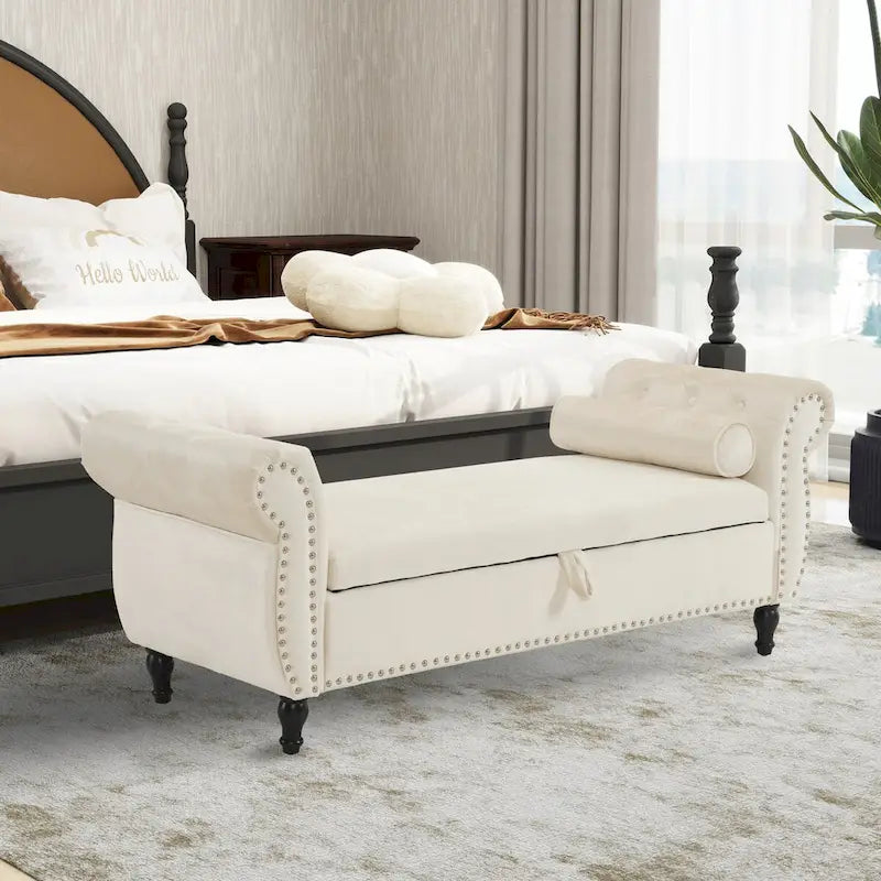 Banc Pouf de Rangement en Velours avec Clous Décoratifs et Rangement Dissimulé — 130 cm | 4 Couleurs