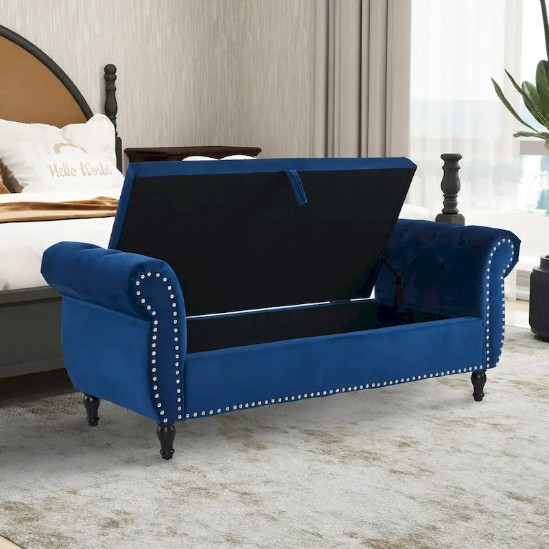 Banc Pouf de Rangement en Velours avec Clous Décoratifs et Rangement Dissimulé — 130 cm | 4 Couleurs